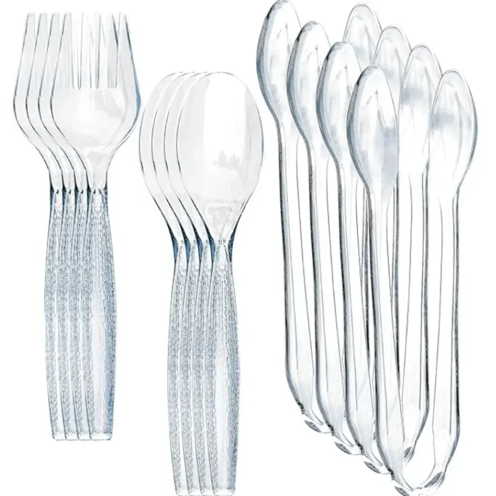 15 Pack Transparent Plastic Disposable Serving Utensils Set-Spoons, Tongs, Forks